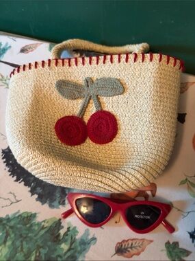 Kids Cream Crochet Cherry Tote Bag with Red Accent